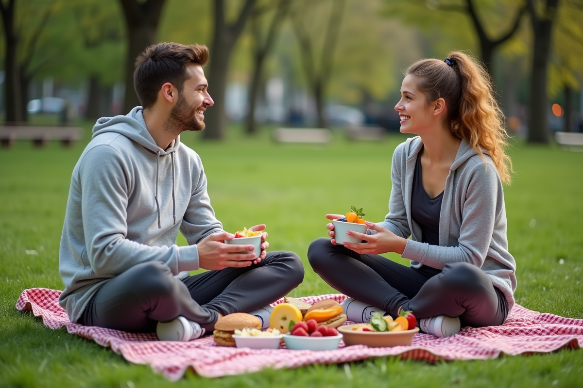 Jeune couple partageant un pique-nique sain dans un parc urbain