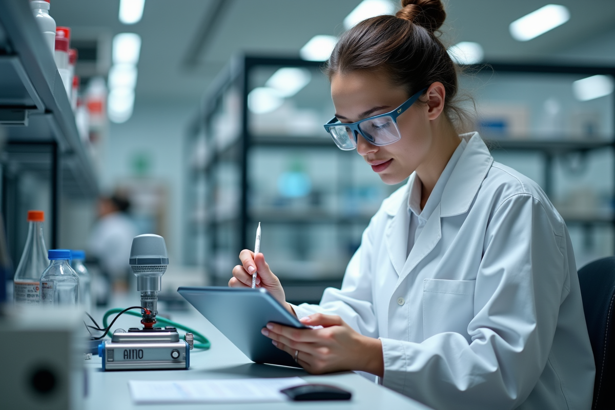 Jeune scientifique calibrant un capteur de temperature dans un laboratoire