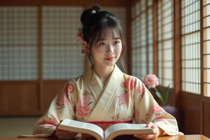 Jeune femme japonaise en kimono lisant manga dans un intérieur traditionnel