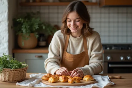 Jeune femme souriante préparant des bouchées à la reine dans la cuisine