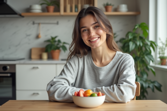 Jeune femme souriante dégustant un bol de fruits frais au petit déjeuner