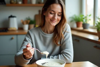 Jeune femme souriante mélangeant chia dans un bol de yogourt