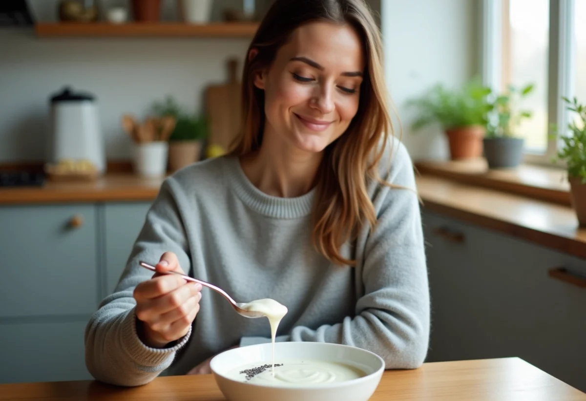 Jeune femme souriante mélangeant chia dans un bol de yogourt