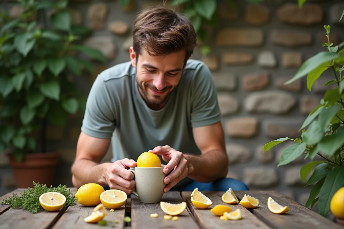 Jeune homme pressant un citron dans un mug en extérieur