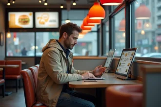Jeune homme seul regardant le menu digital dans un fast food