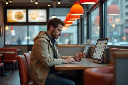 Jeune homme seul regardant le menu digital dans un fast food