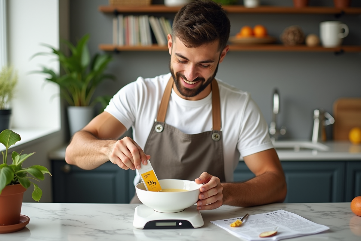 Jeune homme mesurant la purée dans un bol