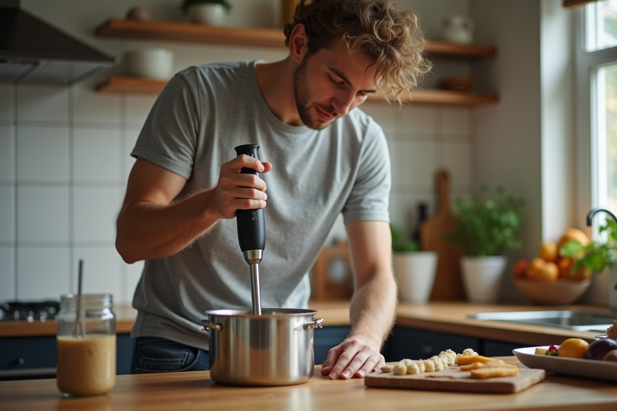 Jeune homme utilisant un mixeur à main dans une cuisine chaleureuse