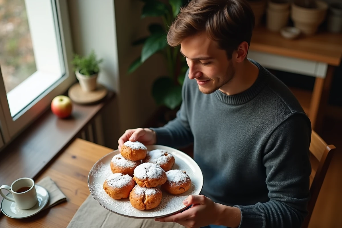 Jeune homme souriant présentant des beignets de pommes