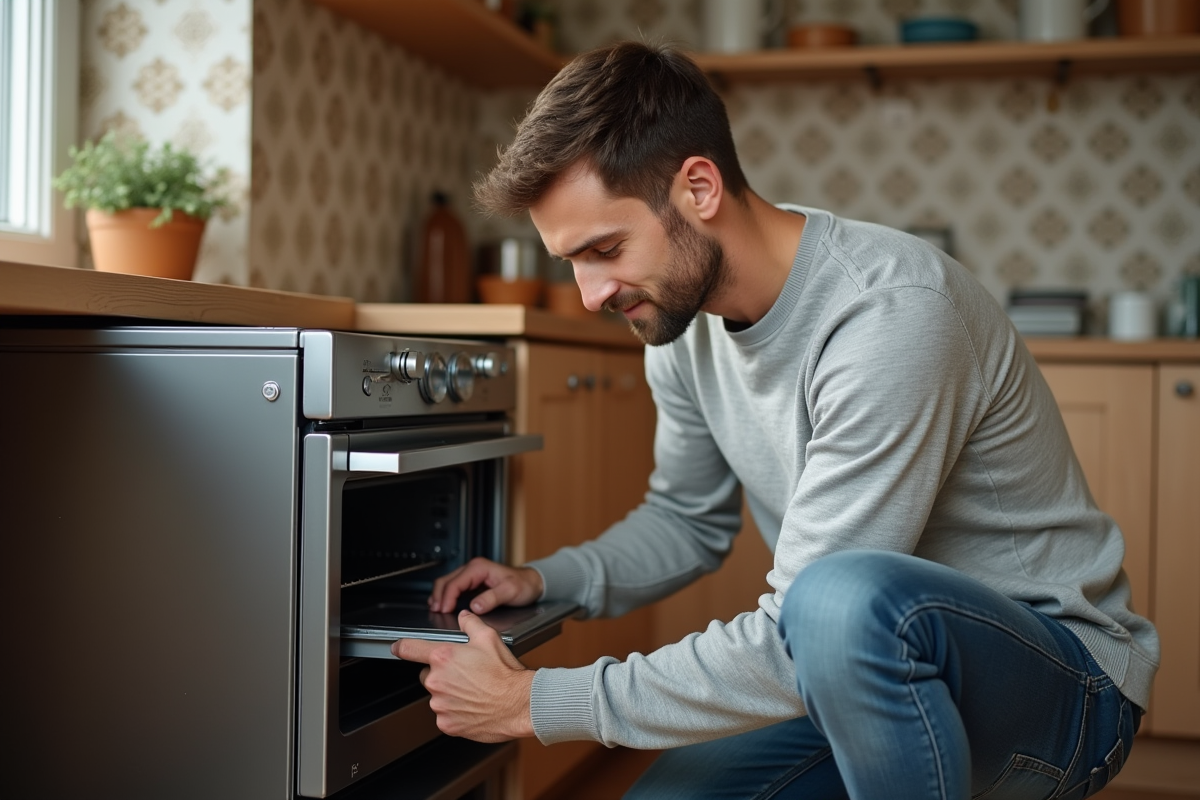 Jeune homme rechargeant le four vapeur dans la cuisine