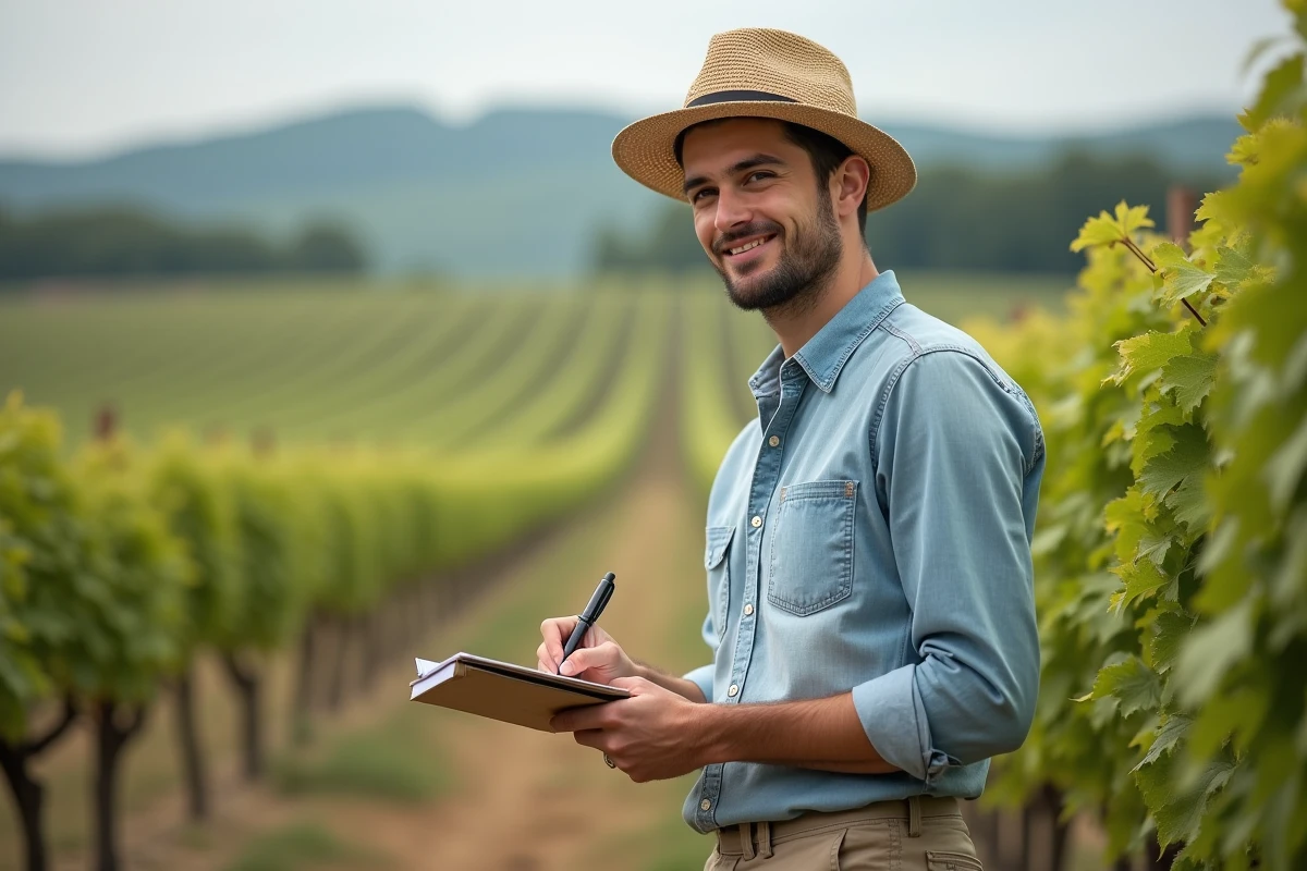 Jeune homme note dégustation dans un vignoble en été