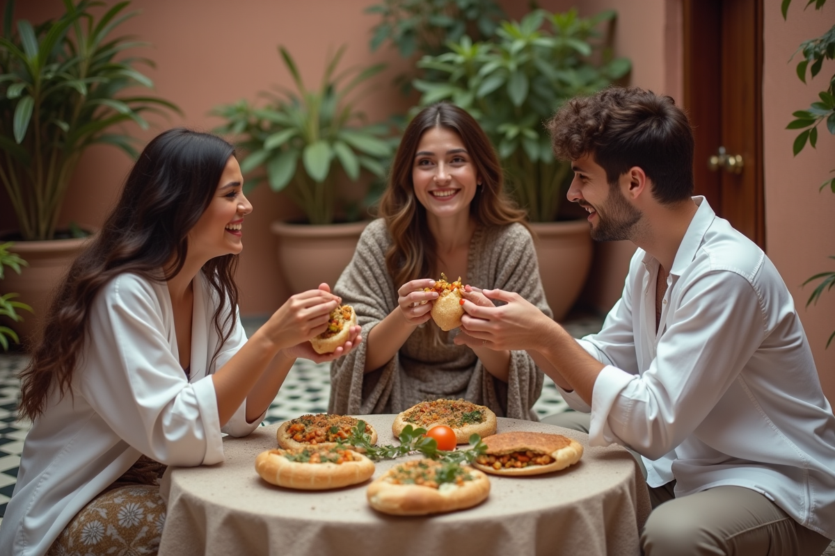 Jeunes adultes partageant des batbouts dans une cour marocaine