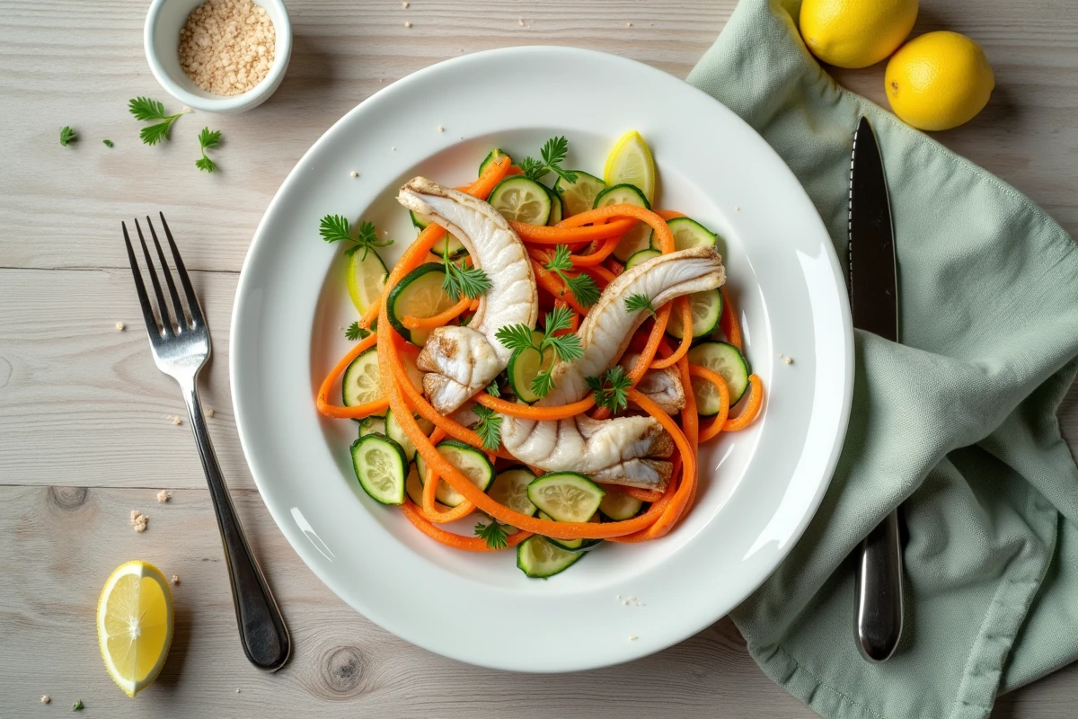 Julienne de poisson poêlée dressée dans un bol en céramique blanche avec légumes et aneth sur table en bois