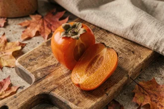 Kaki mûr coupé en deux sur une planche en bois montrant la chair orange et la peau comestible