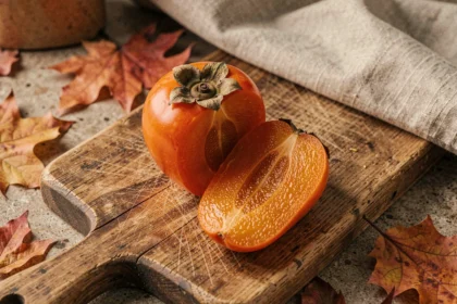 Kaki mûr coupé en deux sur une planche en bois montrant la chair orange et la peau comestible
