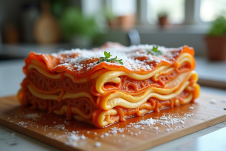 Lasagne maison avec cristaux de glace sur la surface