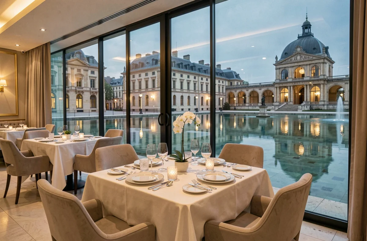 Table de restaurant gastronomique au Gabriel à Bordeaux avec vue sur le miroir d'eau en soirée