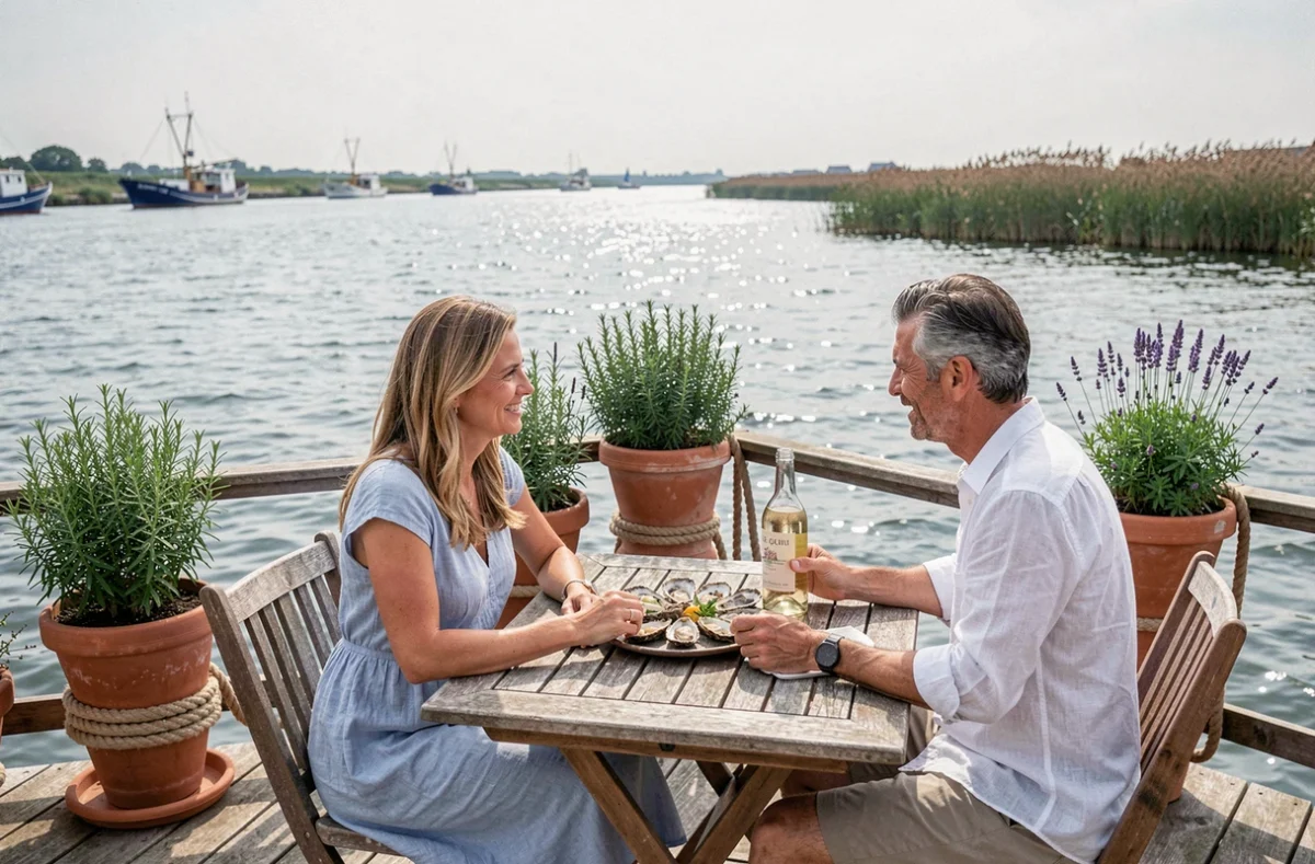 Couple dégustant des huîtres en terrasse au restaurant Le Quai face à l'estuaire de la Gironde en Charente-Maritime