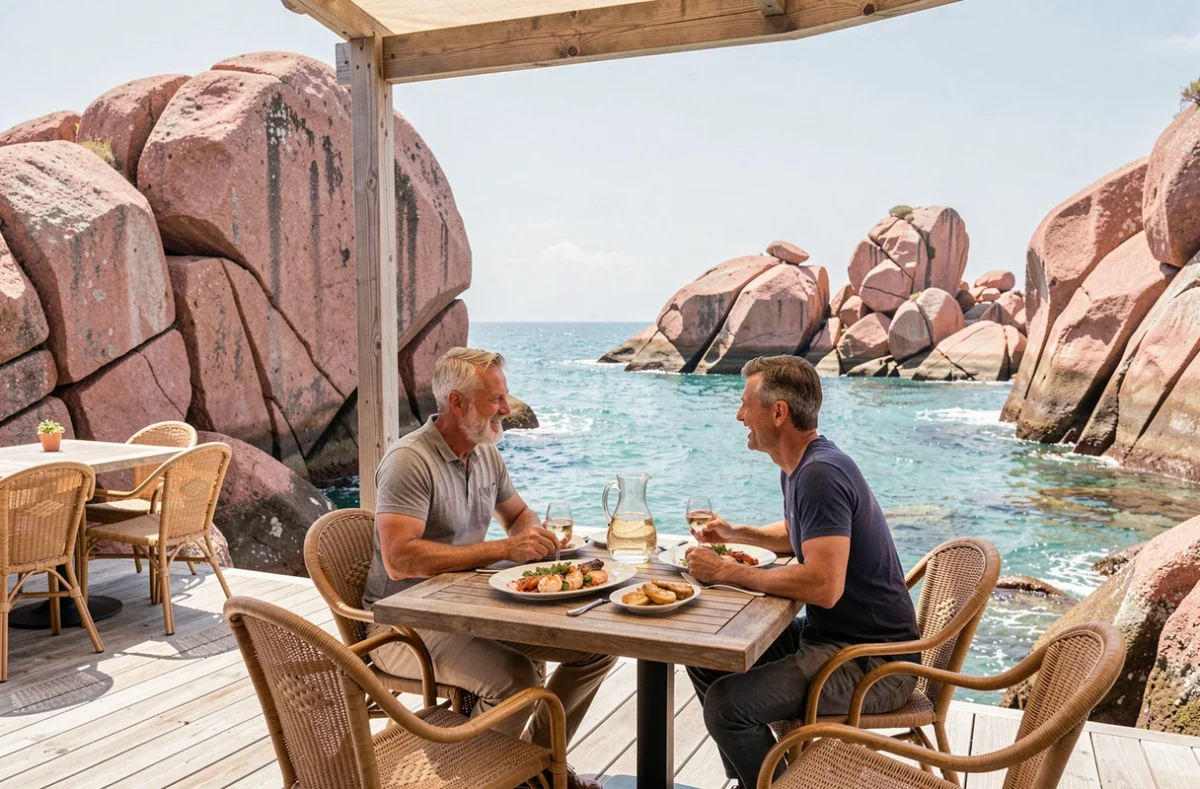 Terrasse du Transat à Trégastel avec les rochers de granit rose et la mer turquoise en arrière-plan