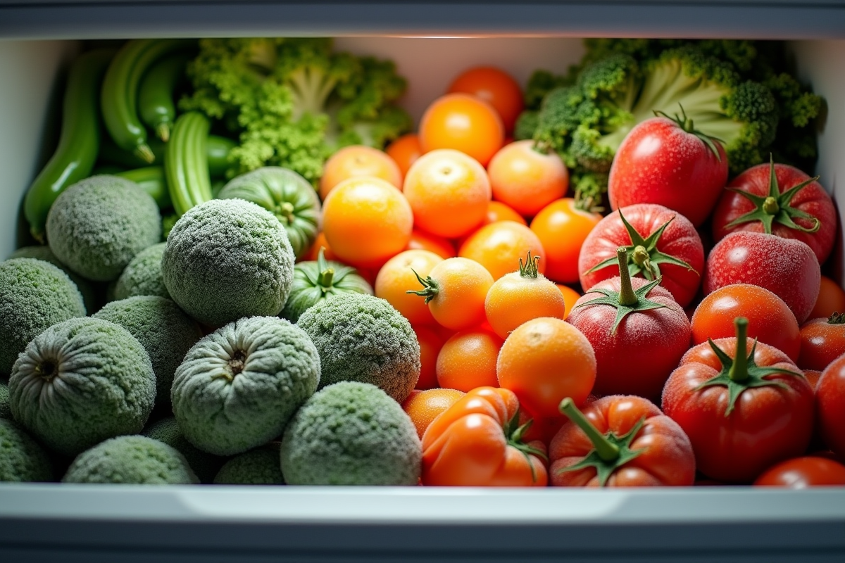 Légumes congelés avec givre dans un tiroir de congélateur