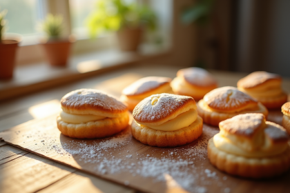 Madeleine dorée sur une table en bois avec sucre glace