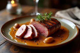 Magret de canard tranché avec sauce au foie gras sur assiette en céramique, garni de thym frais et d'échalotes caramélisées