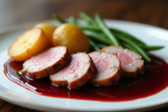 Tranches de canard avec pommes de terre rôties et sauce au vin rouge