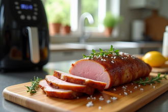 Magret de canard tranché avec peau croustillante et herbes fraîches