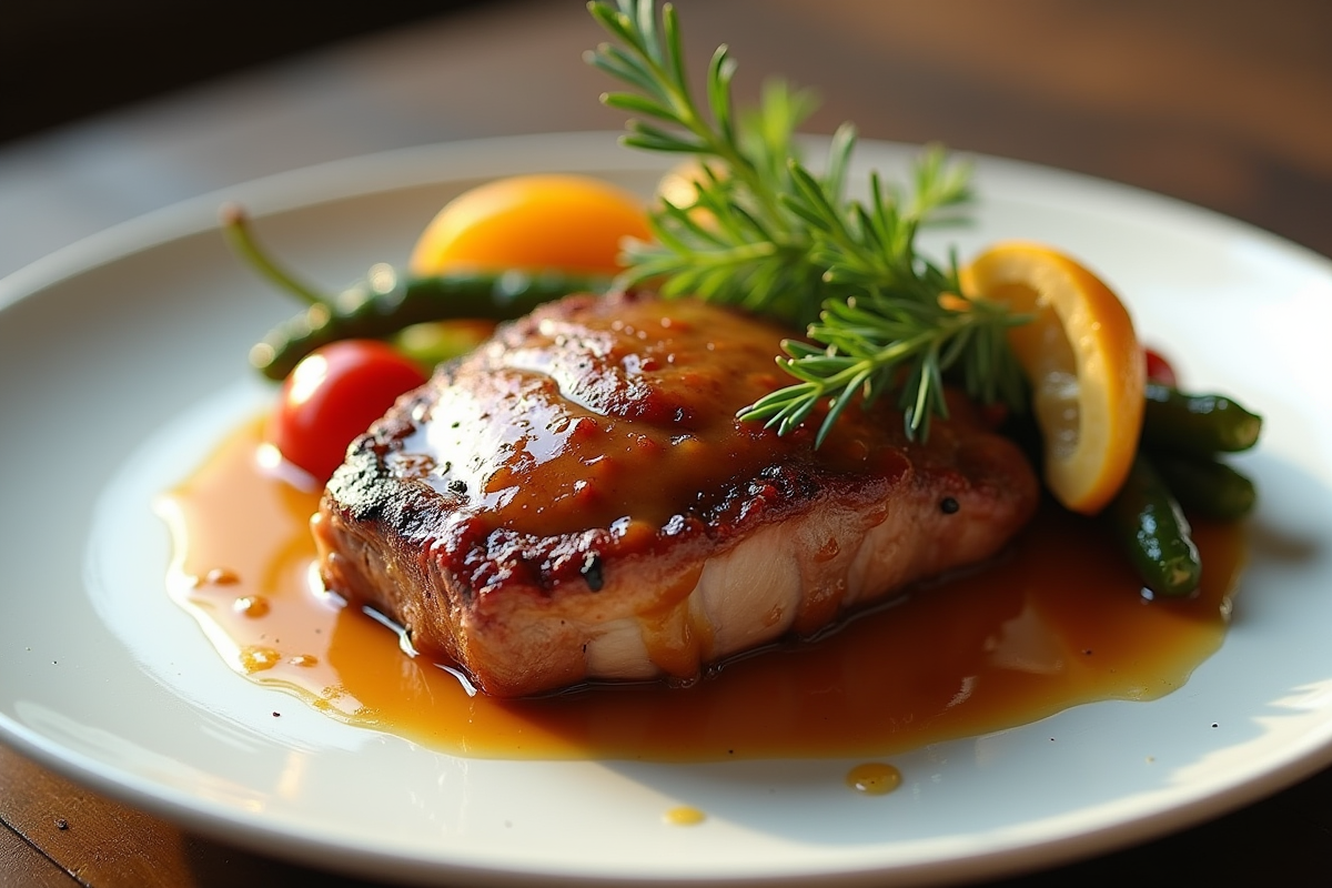 Magret de canard avec sauce brillante et légumes de saison