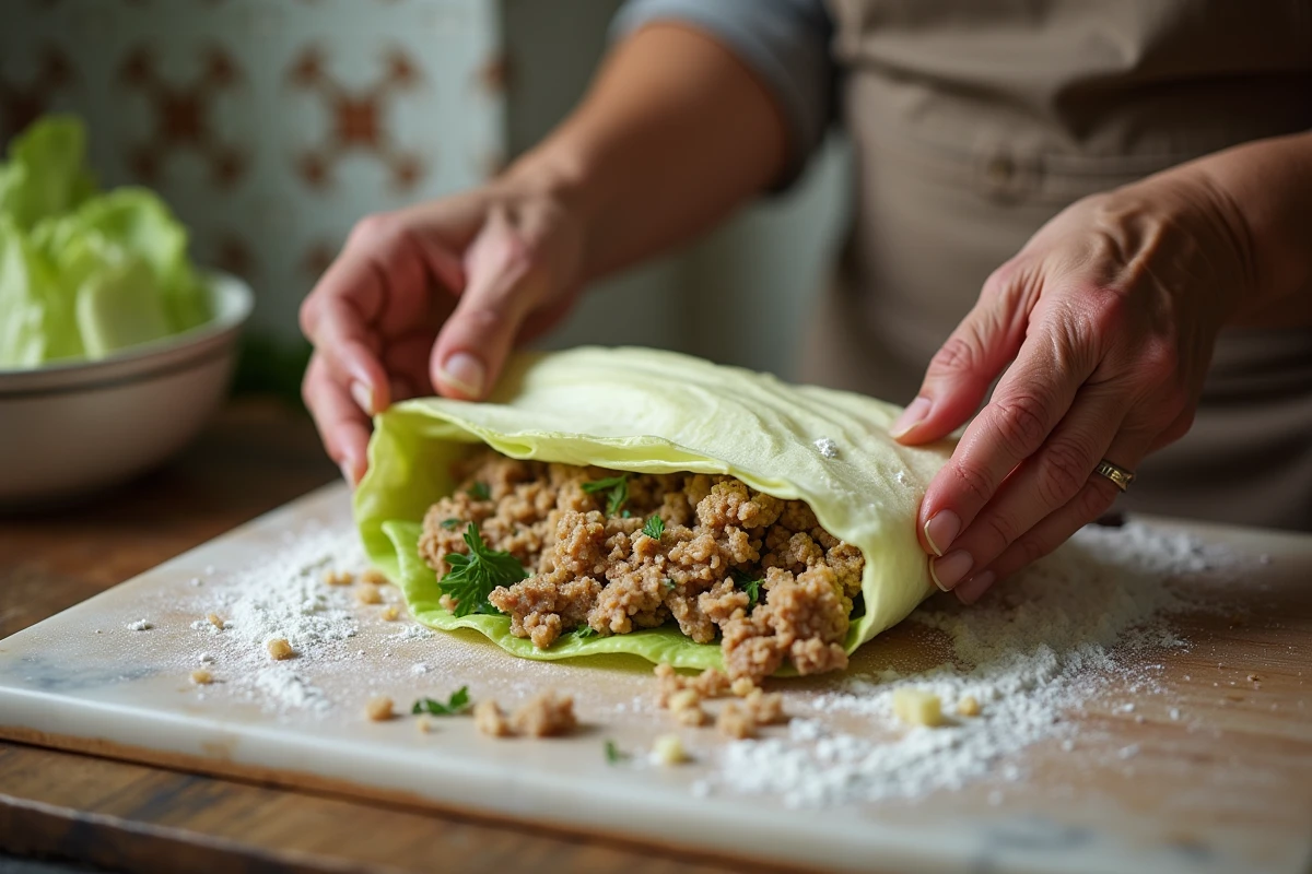 Mains de grand-mère façonnant un chou farci avec farce viande et riz sur une planche en bois de cuisine traditionnelle