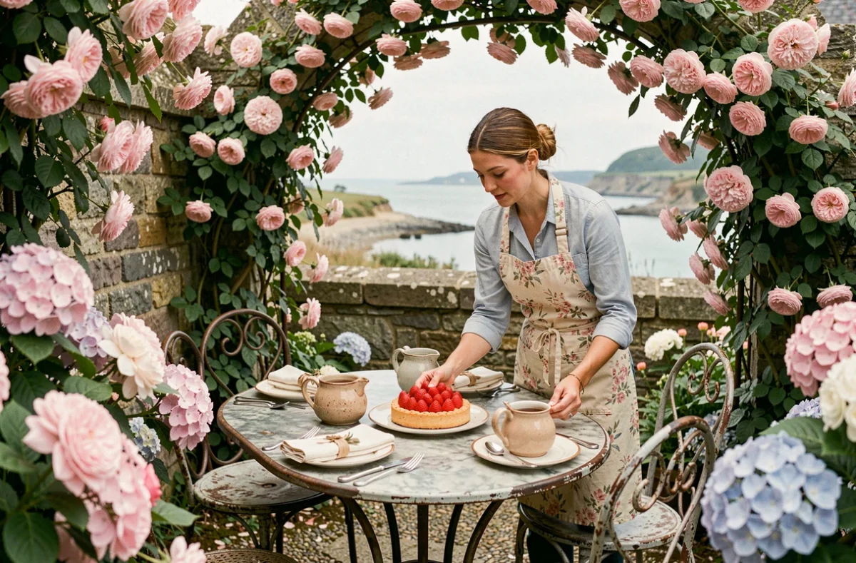 Terrasse fleurie de La Maison de Léa à Binic-Étables-sur-Mer avec roses grimpantes et décoration vintage bretonne