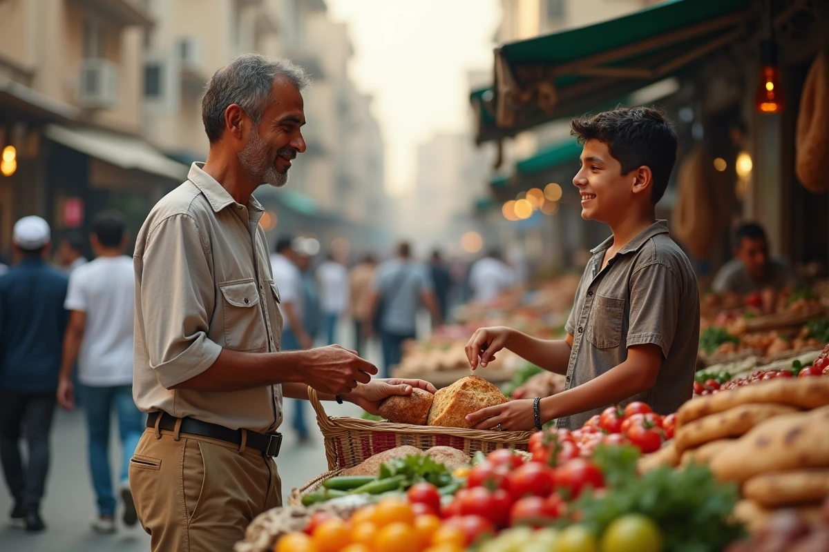 Père et fils au marché égyptien sélectionnant des ingrédients