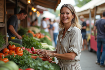 Femme souriante choisissant légumes bio au marché