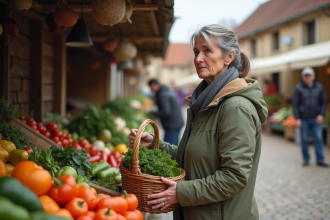 Femme d'âge moyen au marché de village inspectant des légumes