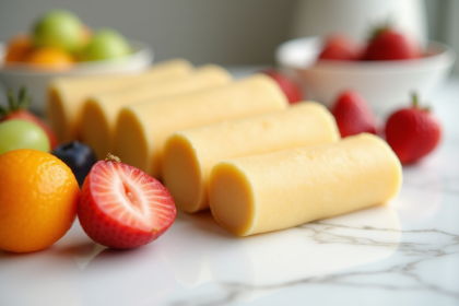 Marzipan frais en petits tronçons colorés sur marbre blanc