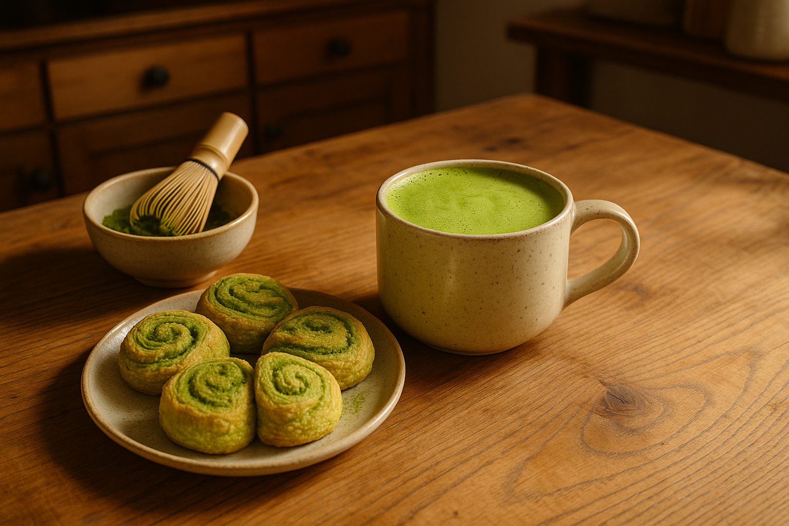 Verre de matcha latte avec pâtisseries dans une cuisine chaleureuse