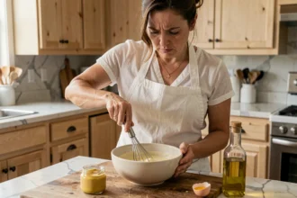 Femme préparant une mayonnaise maison qui commence à tourner dans un bol en céramique sur un plan de travail en bois