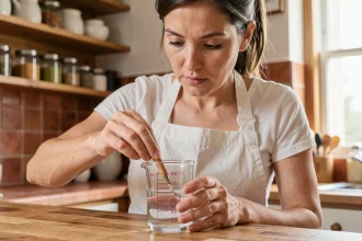 Femme mesurant précisément 10ml de liquide dans un verre doseur gradué en cuisine