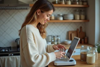 Jeune femme mesurant 125g d'eau dans la cuisine