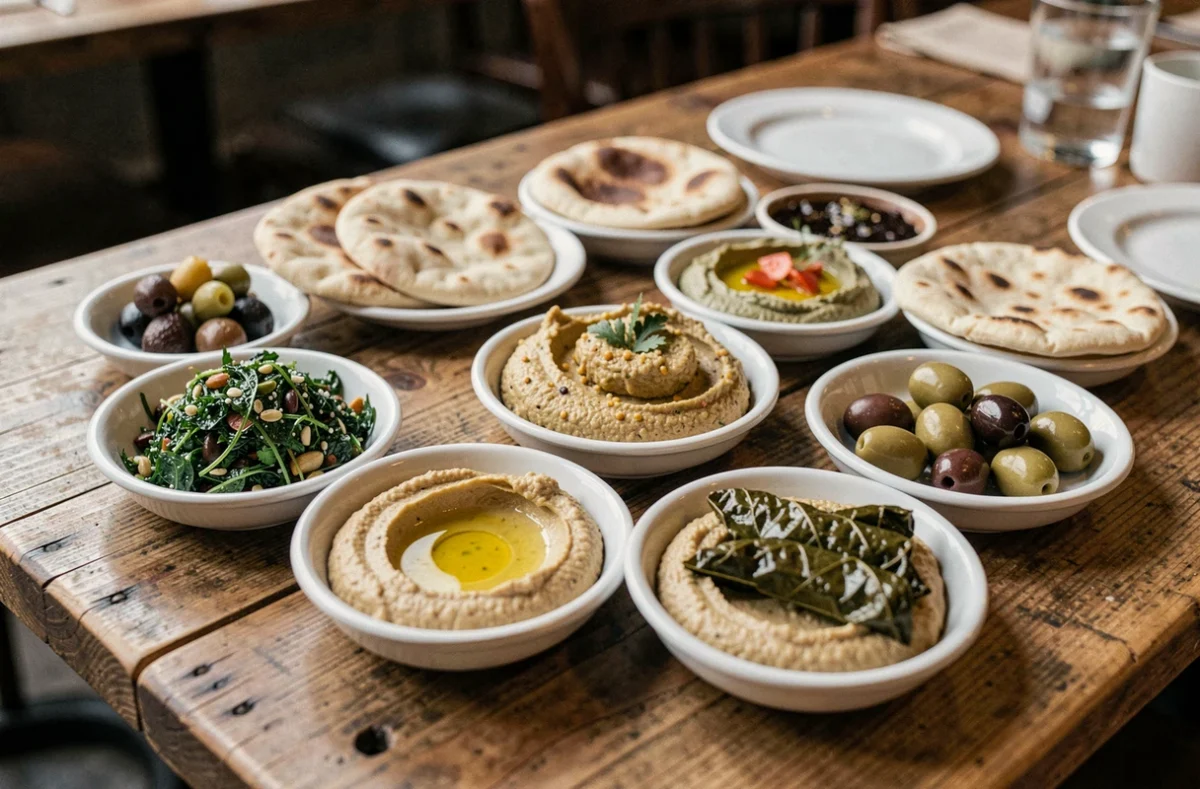 Assortiment de mezze libanais servis au restaurant Le Cèdre à Paris, avec houmous, taboulé et pain pita sur une table en bois