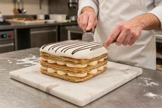 Mille-feuille avec glaçage blanc sans grumeaux et décoration au chocolat sur marbre blanc en cuisine pâtissière