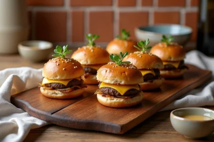 Plateau de mini hamburgers apéro maison sur planche en bois rustique avec sauces et serviette en lin