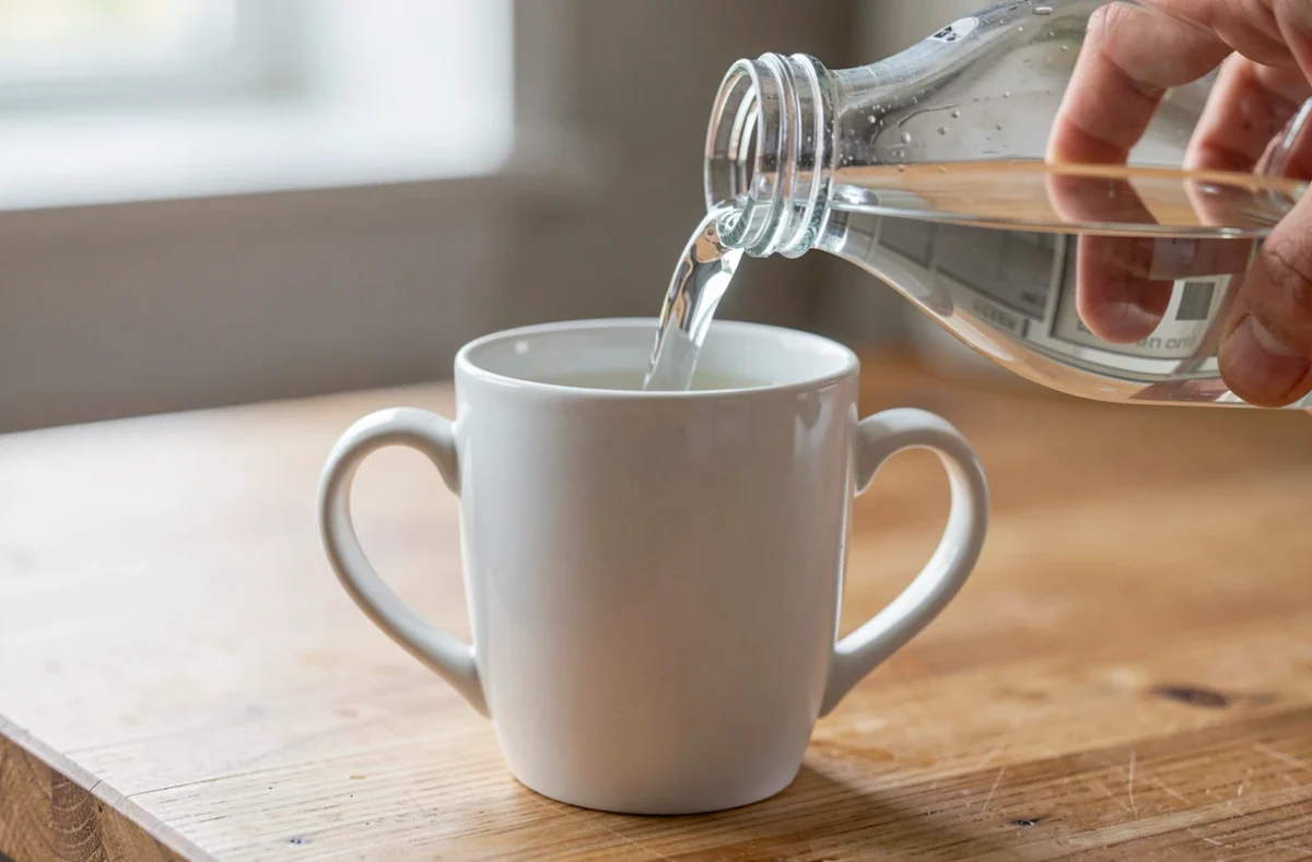 Mug rempli d'eau à partir d'une bouteille pour mesurer un volume