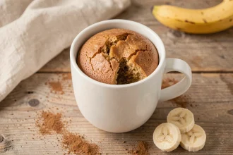 Mugcake à la banane sans oeuf servi dans un mug blanc sur une table en bois rustique avec des rondelles de banane et de la cannelle