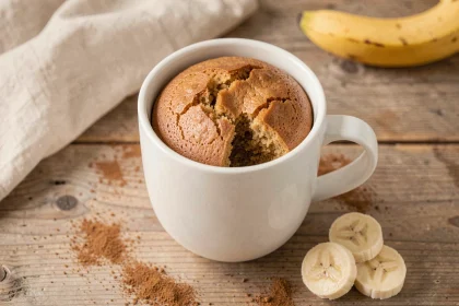 Mugcake à la banane sans oeuf servi dans un mug blanc sur une table en bois rustique avec des rondelles de banane et de la cannelle