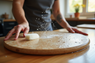 Personne nettoyant une pierre à pizza avec une brosse douce