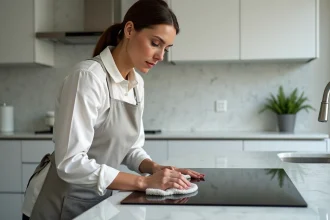Femme nettoyant une plaque vitrocéramique noire avec un chiffon microfibre dans une cuisine moderne blanche