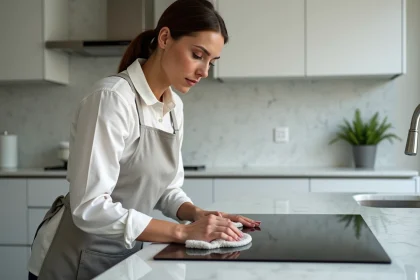 Femme nettoyant une plaque vitrocéramique noire avec un chiffon microfibre dans une cuisine moderne blanche