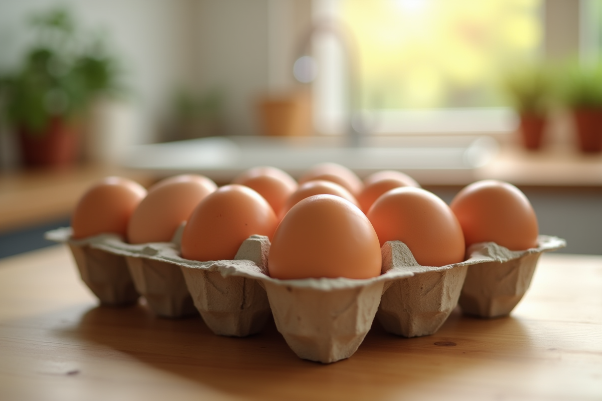 Une douzaine d'oeufs frais dans un carton en carton sur un plan de travail en bois