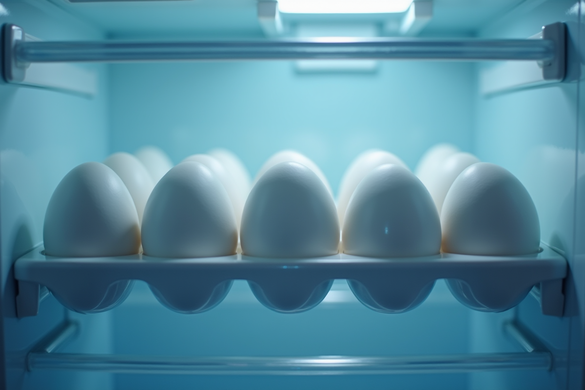 Plusieurs oeufs rangés dans une étagère de réfrigérateur sous une lumière froide